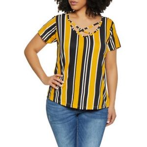 5/25 Rouge Soft Navy Yellow Stripe Criss Cross Top